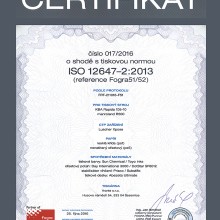 Certifikát o shodě s tiskovou normou ISO 12647-2:2013 (reference Fogra51/52)